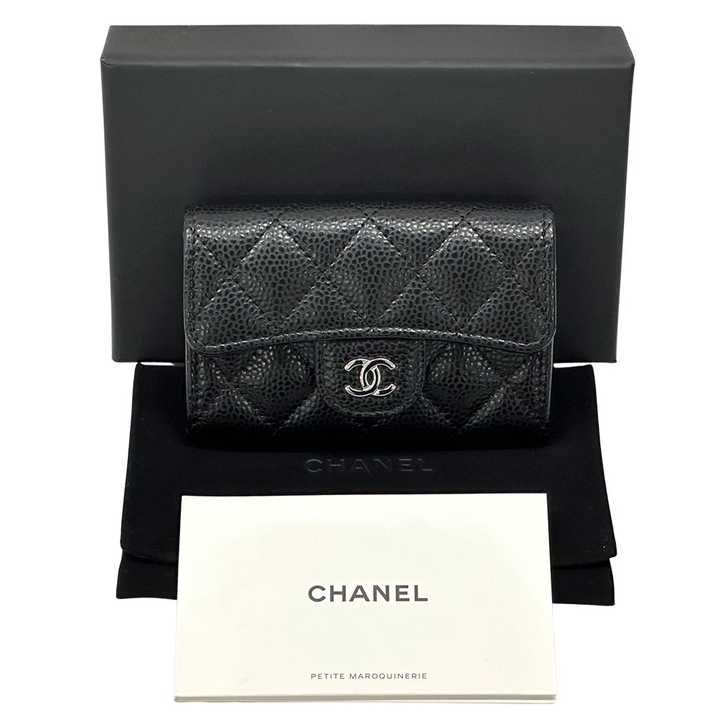 Chanel Card Case Quilted Caviar Leather Black Silver Business Holder Compact — view 8