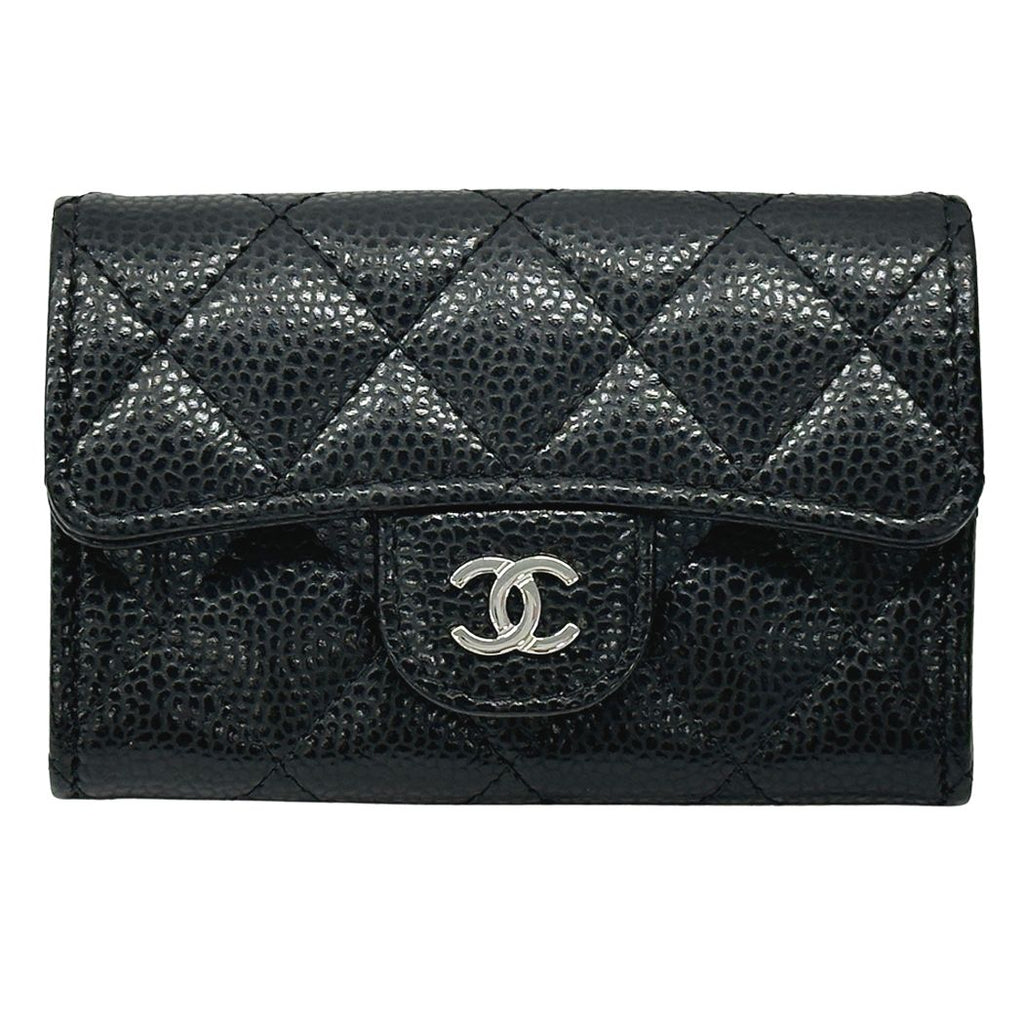 Chanel Card Case Quilted Caviar Leather Black Silver Business Holder Compact