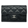 Chanel Card Case Quilted Caviar Leather Black Silver Business Holder Compact