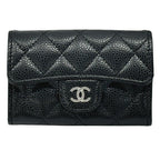 Chanel Card Case Quilted Caviar Leather Black Silver Business Holder Compact