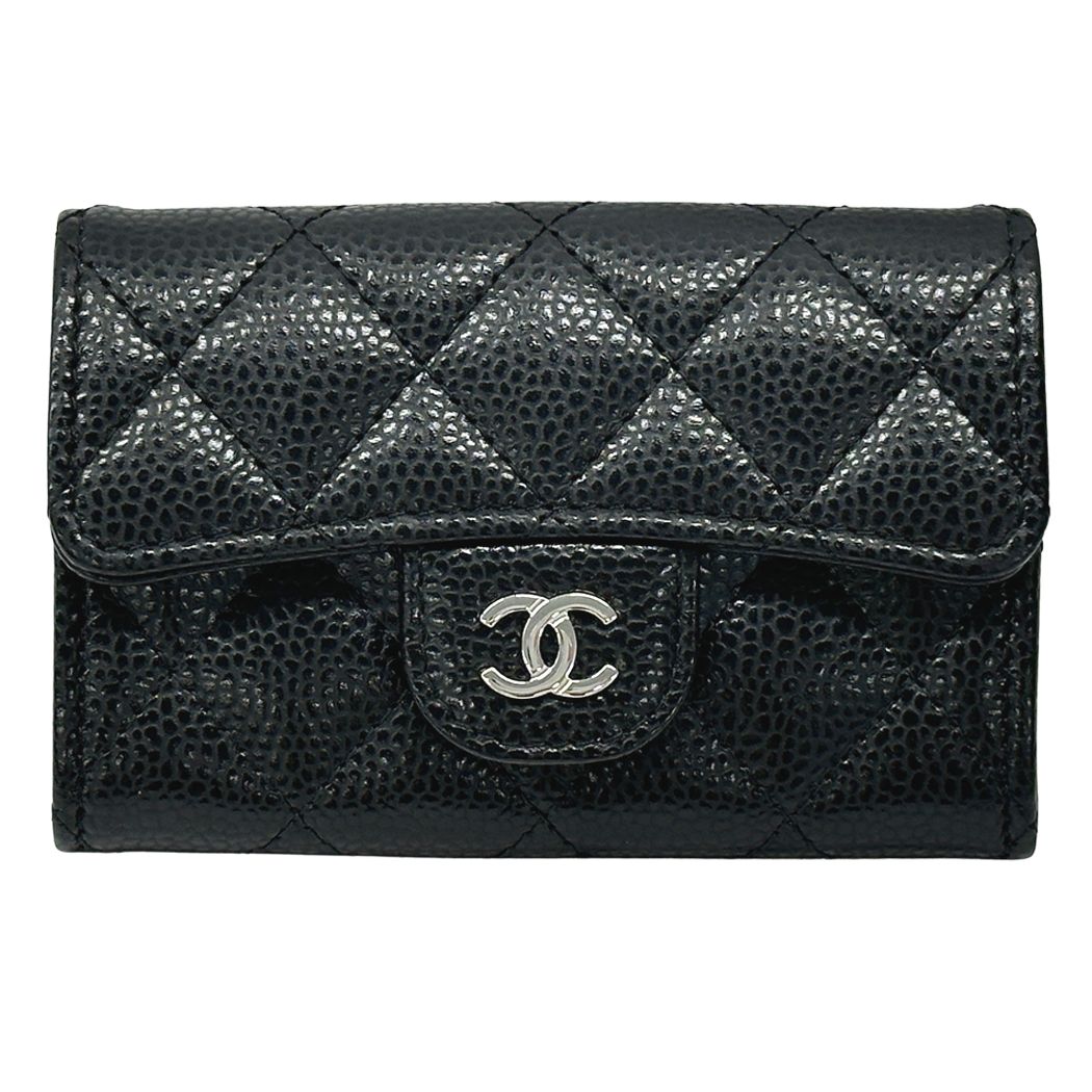 Chanel Card Case Quilted Caviar Leather Black Silver Business Holder Compact