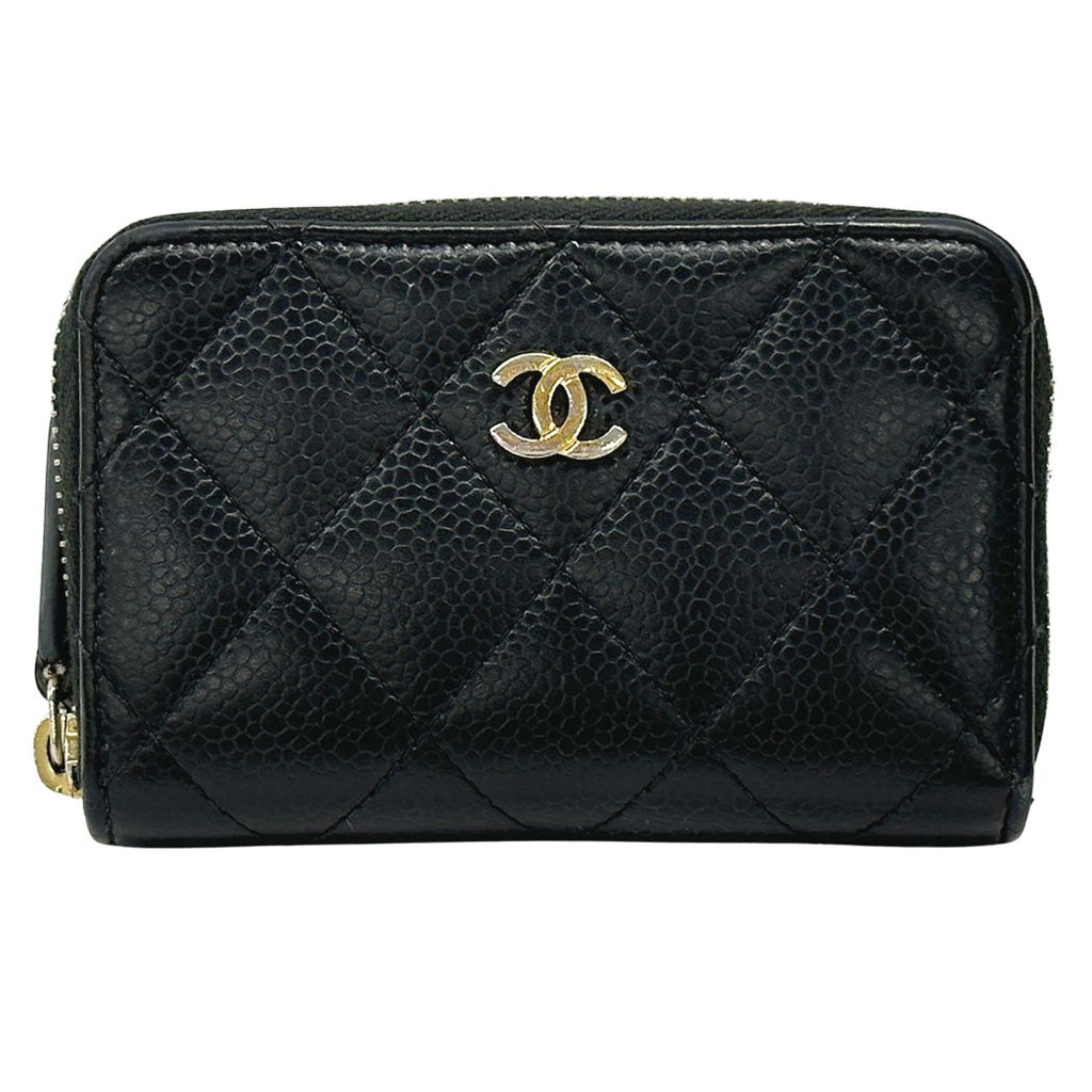 Chanel Wallet Quilted Coin Case Soft Caviar Leather Black Gold Zip Around Small