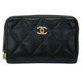 Chanel Wallet Quilted Coin Case Soft Caviar Leather Black Gold Zip Around Small
