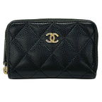 Chanel Wallet Quilted Coin Case Soft Caviar Leather Black Gold Zip Around Small