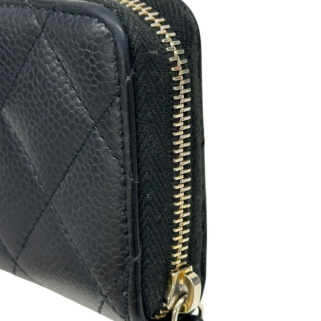 Chanel Wallet Quilted Coin Case Soft Caviar Leather Black Gold Zip Around Small — view 9