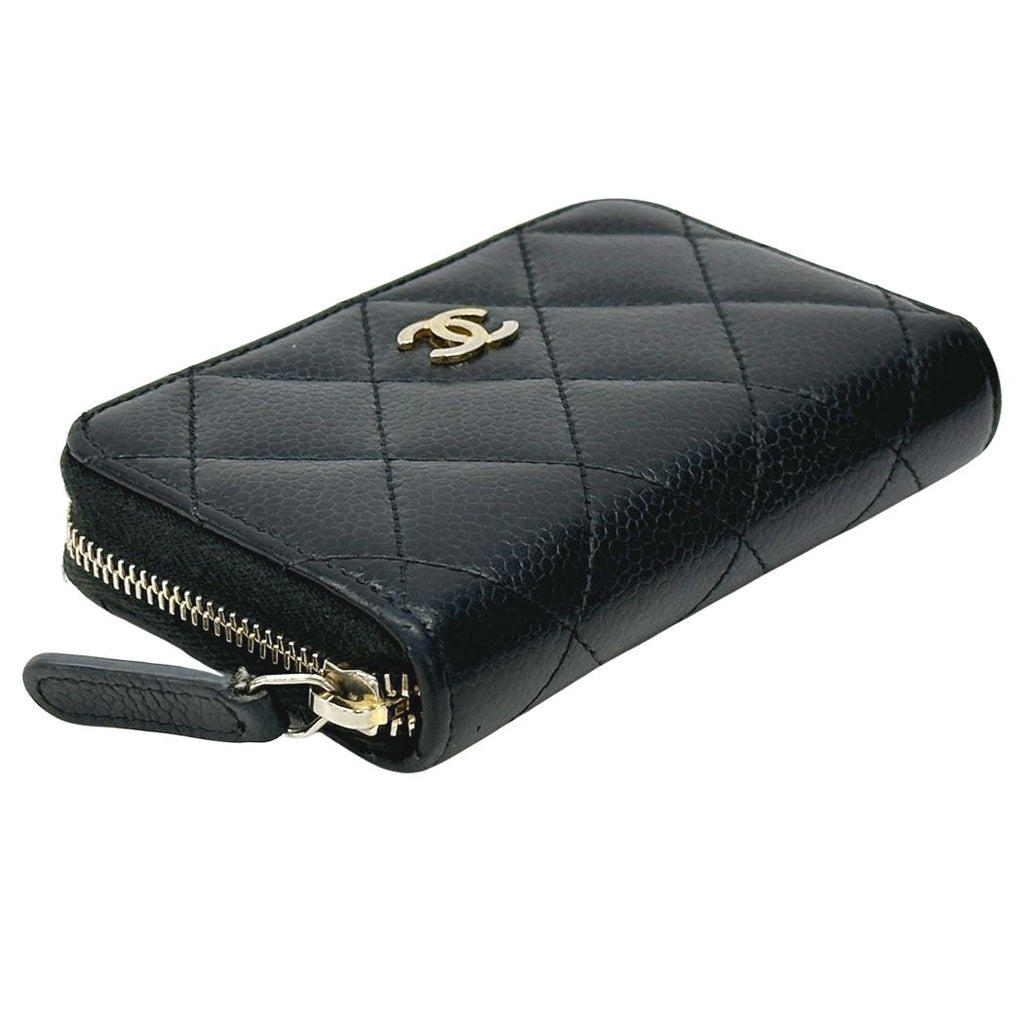 Chanel Wallet Quilted Coin Case Soft Caviar Leather Black Gold Zip Around Small — view 3