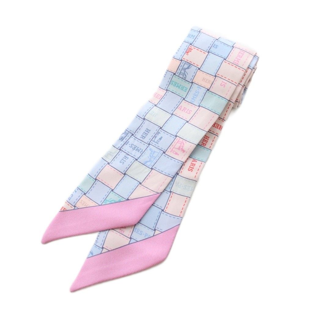 Hermes Bolduc Au Carre Scarf Ribbon Silk Light Blue Pink YT