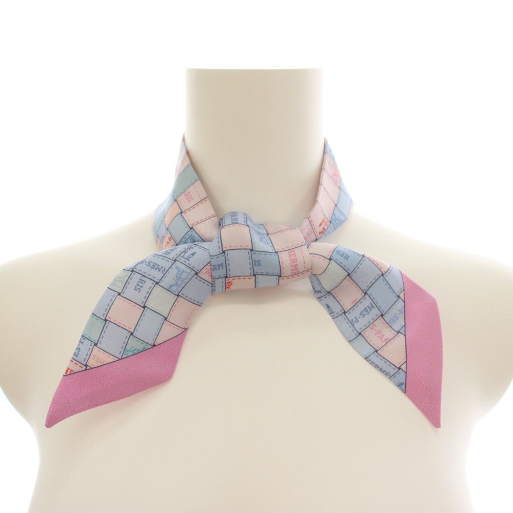 Hermes Bolduc Au Carre Scarf Ribbon Silk Light Blue Pink YT — view 2