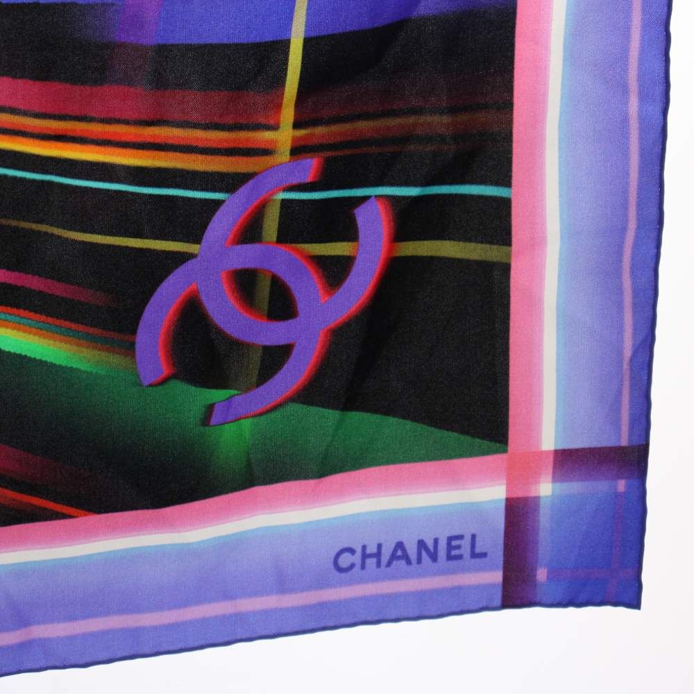 Chanel Scarf CC Logo Geometric Pattern Silk Blue Black YT — view 5