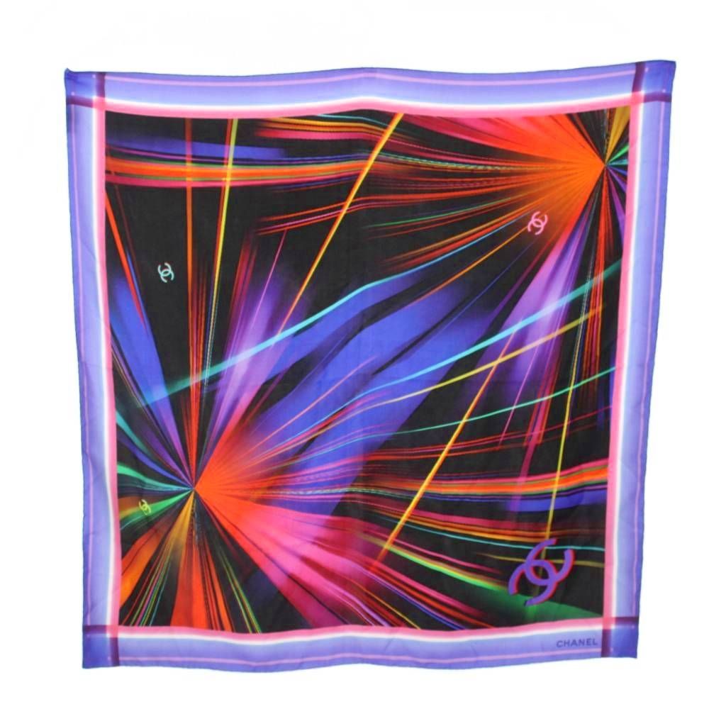 Chanel Scarf CC Logo Geometric Pattern Silk Blue Black YT
