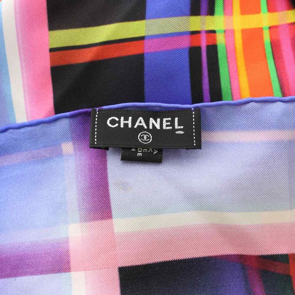 Chanel Scarf CC Logo Geometric Pattern Silk Blue Black YT — view 4