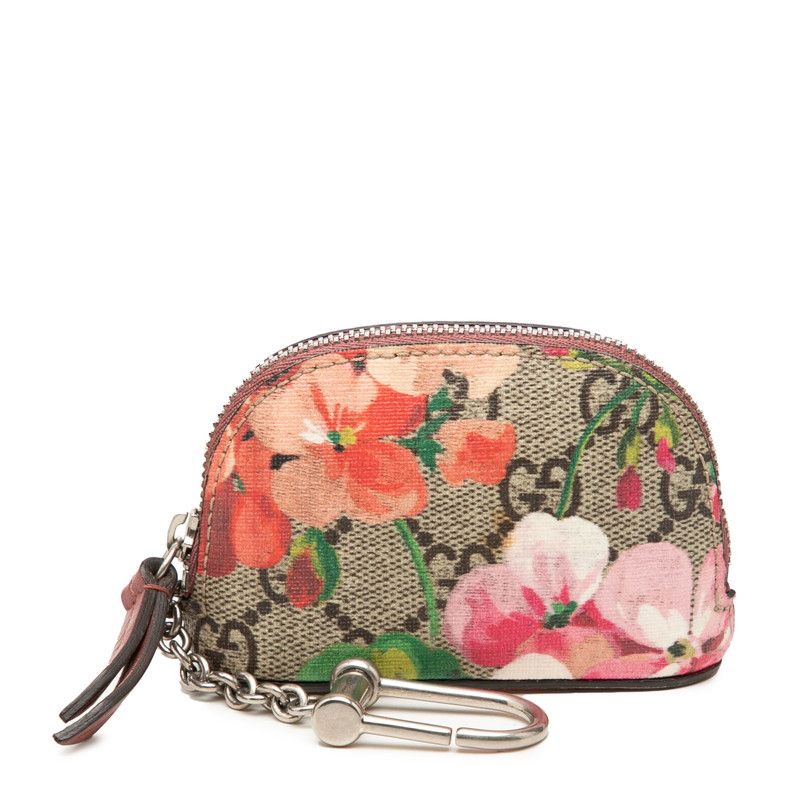 Gucci GG Blue Mus Floral Flower Coin Purse Pouch Beige Pink Leather
