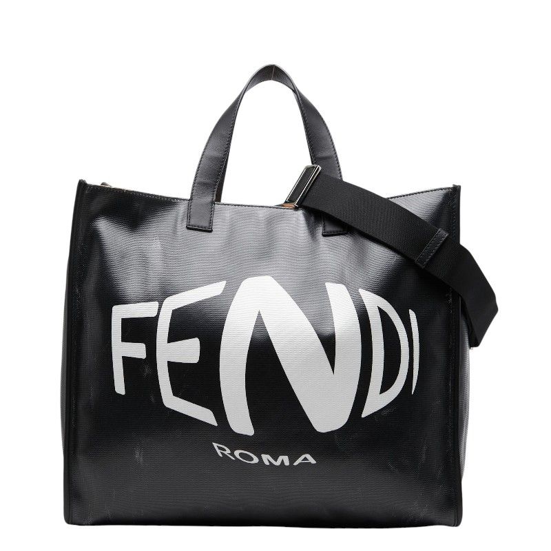 Fendi Big Logo Fish Eye Tote Shoulder Bag 2-Way Black White Leather