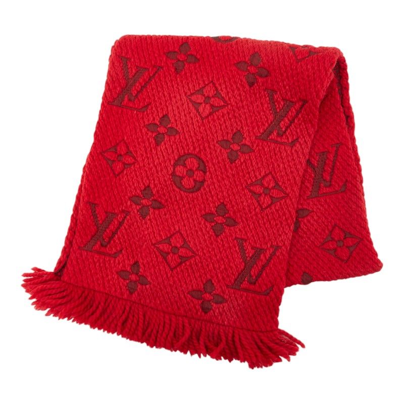 Louis Vuitton Monogram Echarpe Logo Mania Scarf Red Wool Silk