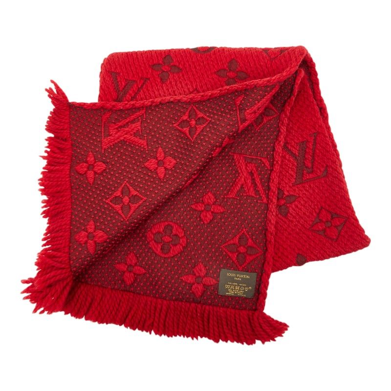 Louis Vuitton Monogram Echarpe Logo Mania Scarf Red Wool Silk — view 2