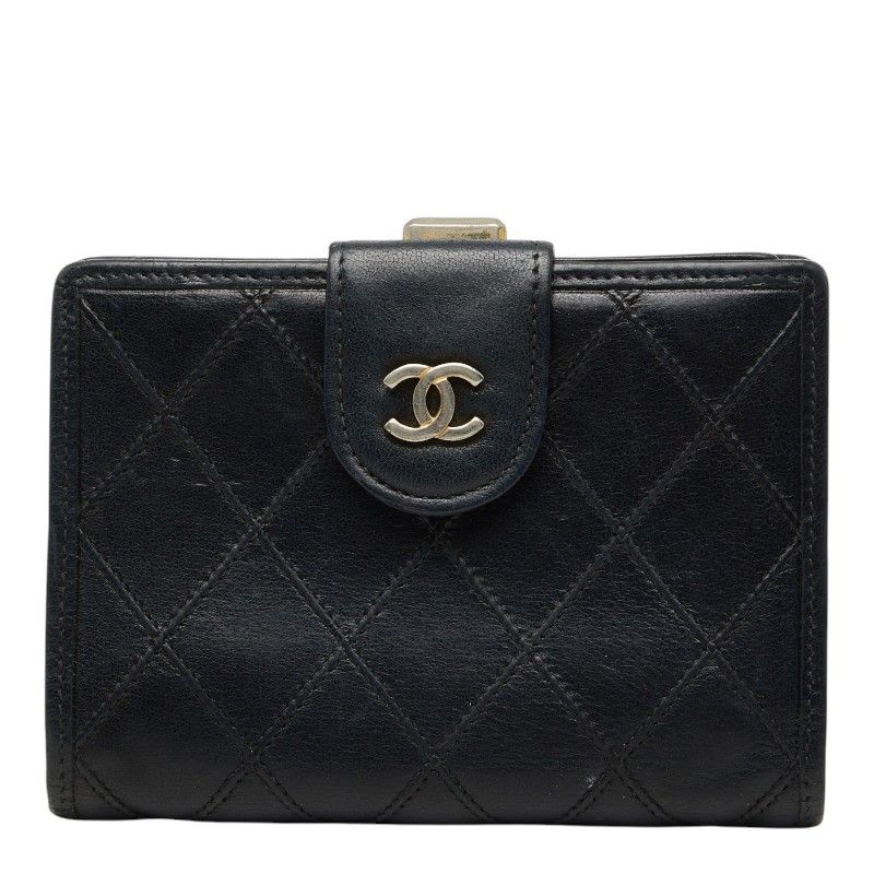 Chanel CC Logo Bicolor Bifold Wallet Black Leather