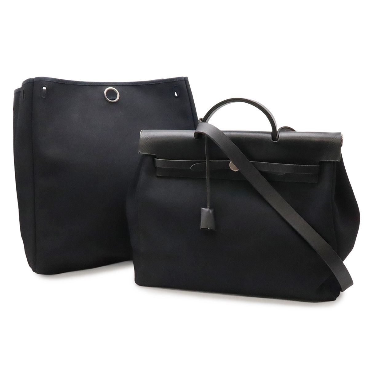 Hermes Herbag MM 2-Way Shoulder Bag Toile Officier Canvas Black Stopper Out of
