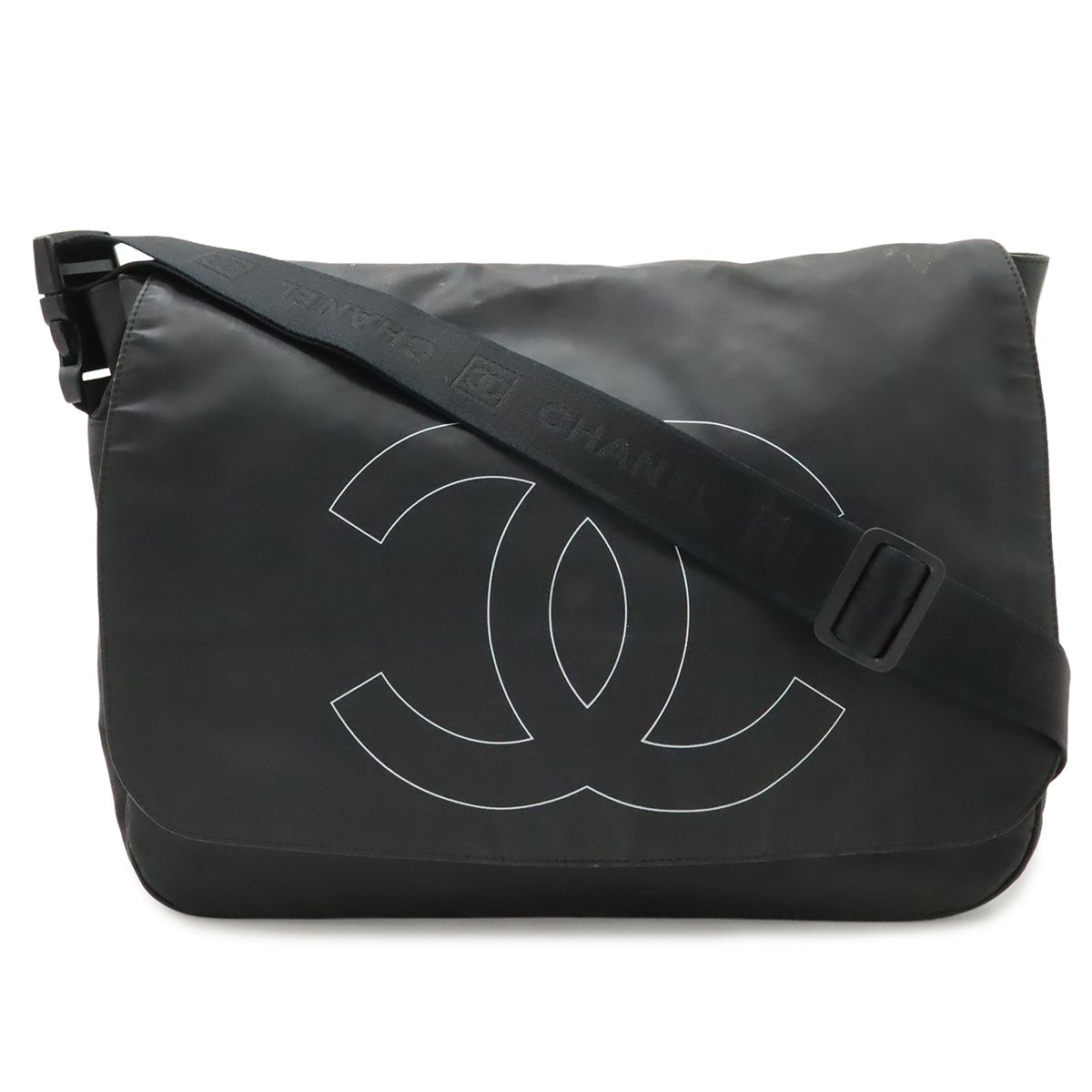 Chanel Sports Line CC Logo Messenger Bag Crossbody Rubber Coating Black