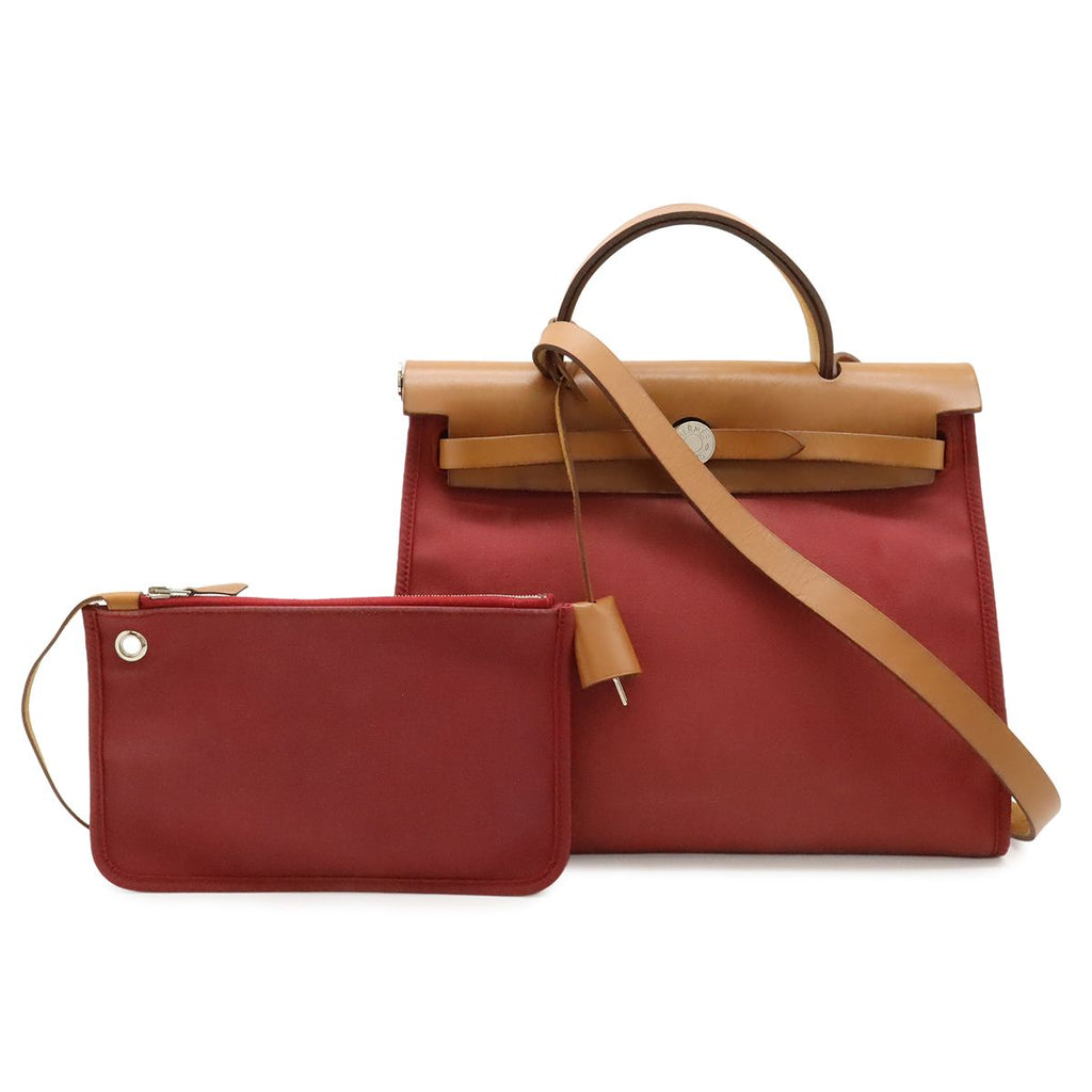 Hermes Herbag Zip PM 2-Way Shoulder Bag Toile Officier Leather Red Pouch