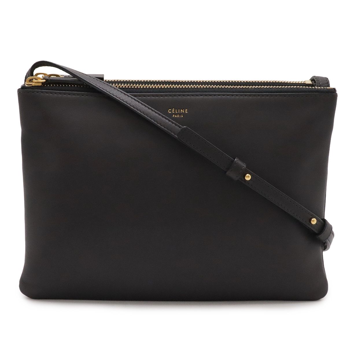 Celine Trio Large Shoulder Bag Pochette Crossbody Pouch Leather Gray Gold