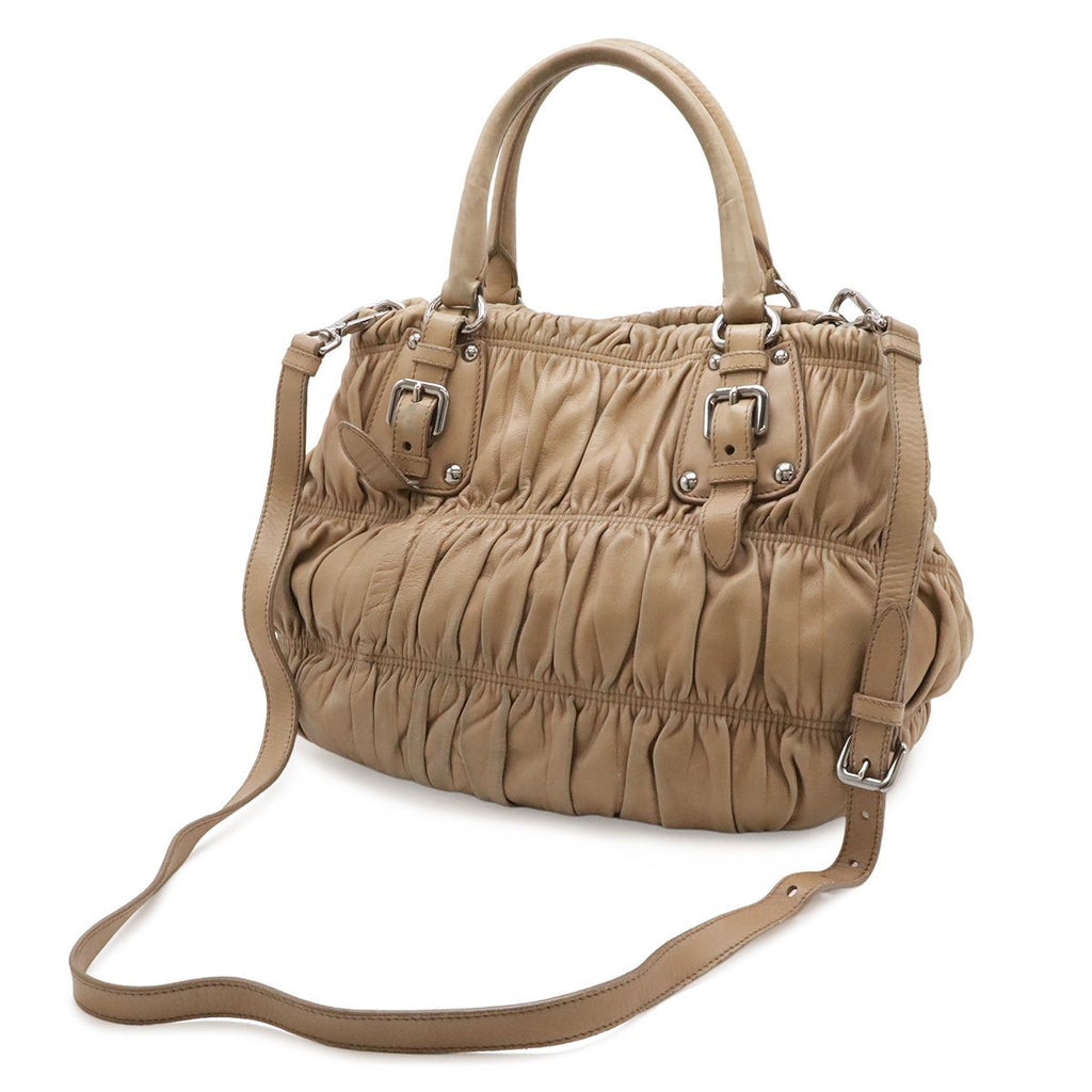 Prada Nappago Full Gather Shoulder Bag Crossbody 2-Way Tote Leather Beige Silver — view 2