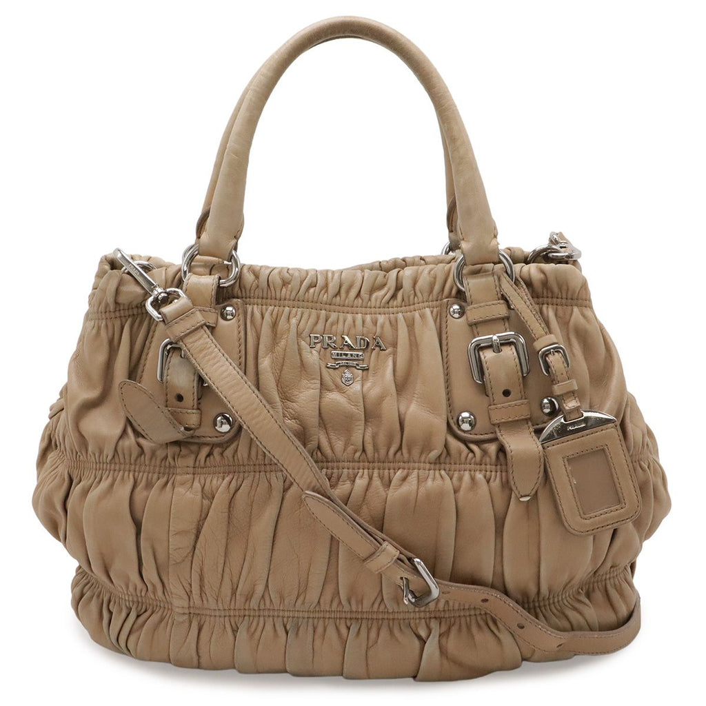Prada Nappago Full Gather Shoulder Bag Crossbody 2-Way Tote Leather Beige Silver