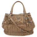 Prada Nappago Full Gather Shoulder Bag Crossbody 2-Way Tote Leather Beige Silver