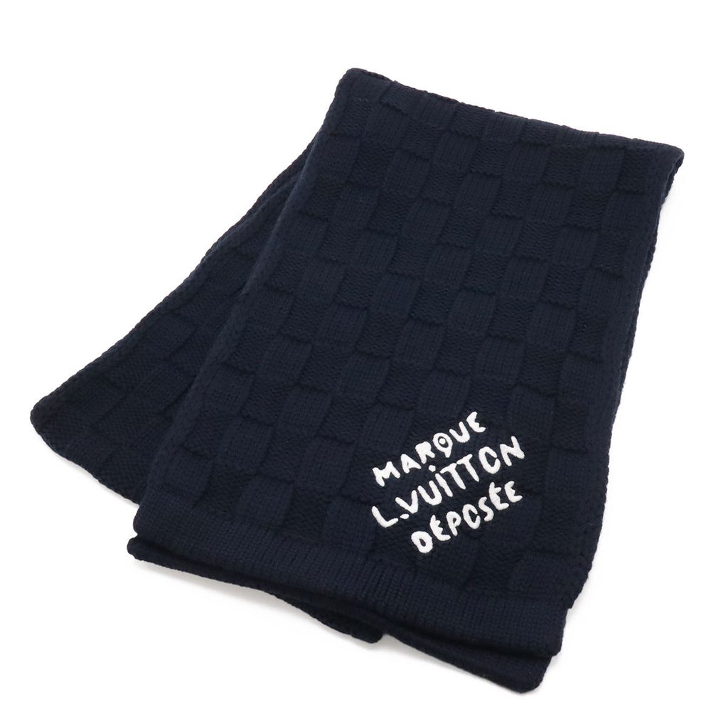 Louis Vuitton Scarf Damier Snug Embroidery Wool Navy