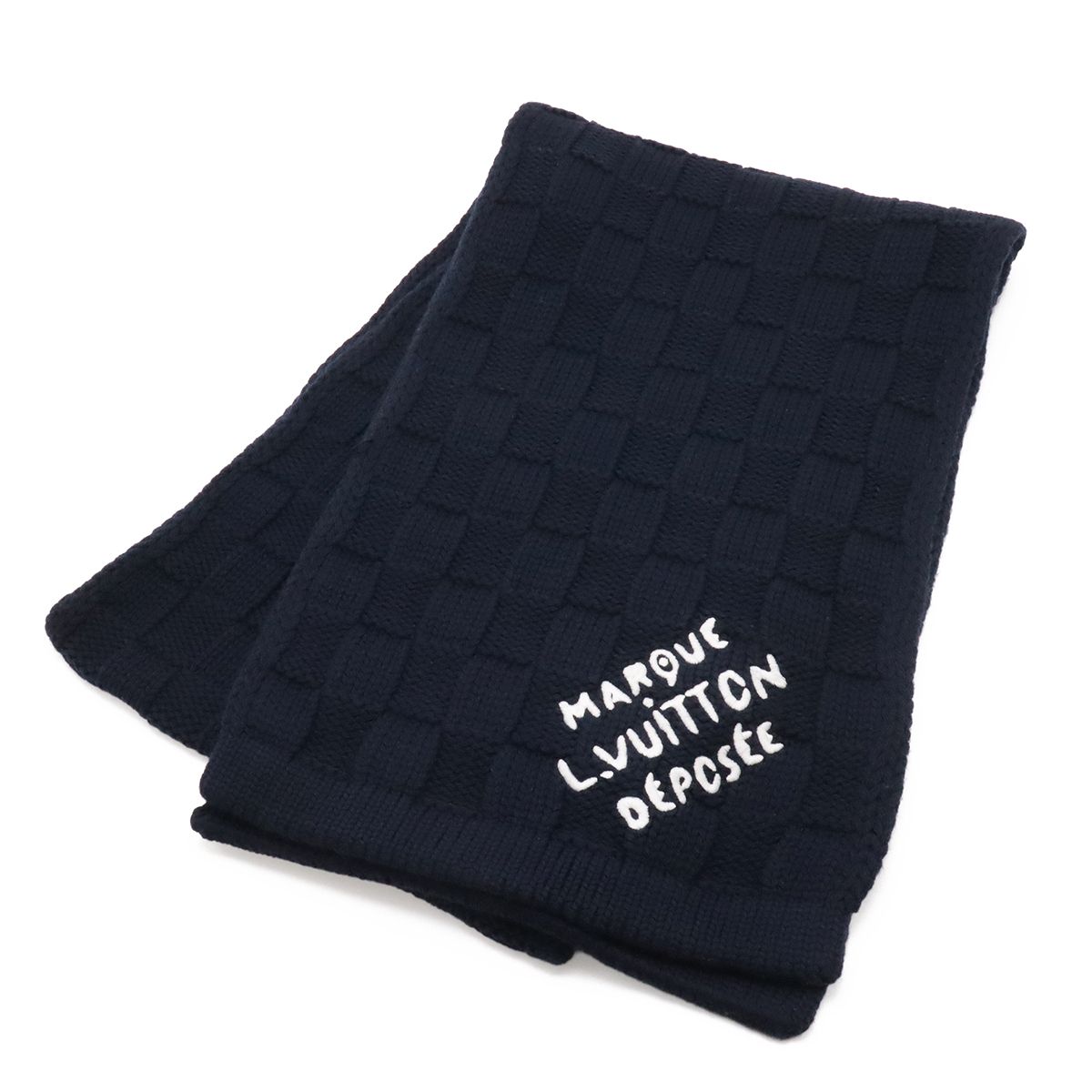 Louis Vuitton Scarf Damier Snug Embroidery Wool Navy