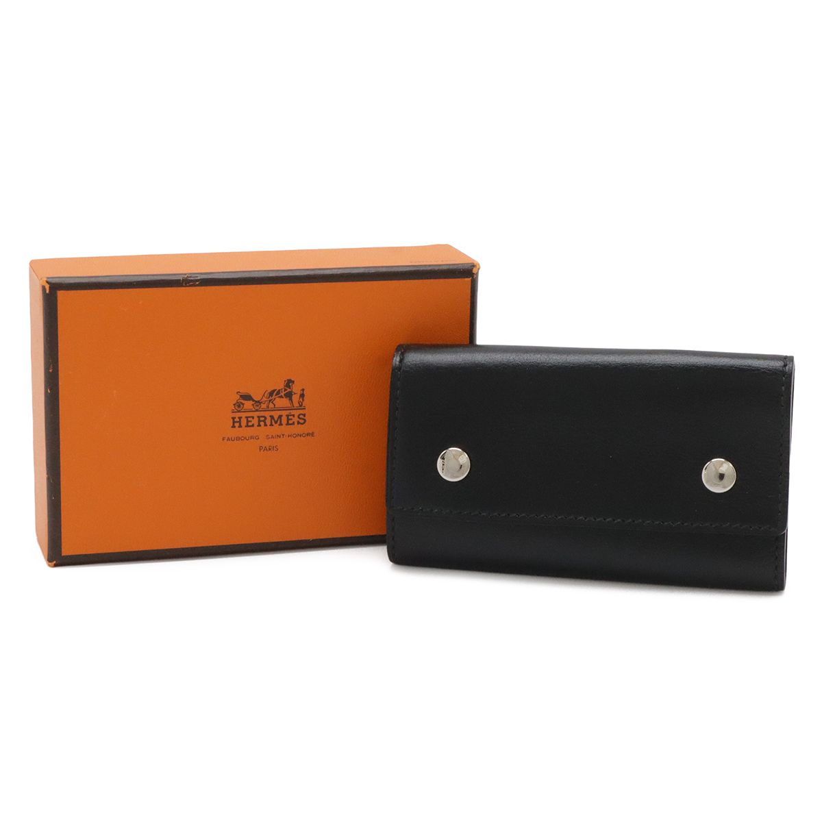 Hermes Series Etui Cles 6 Key Case Box Calf Leather Black Silver Key Holder — view 7