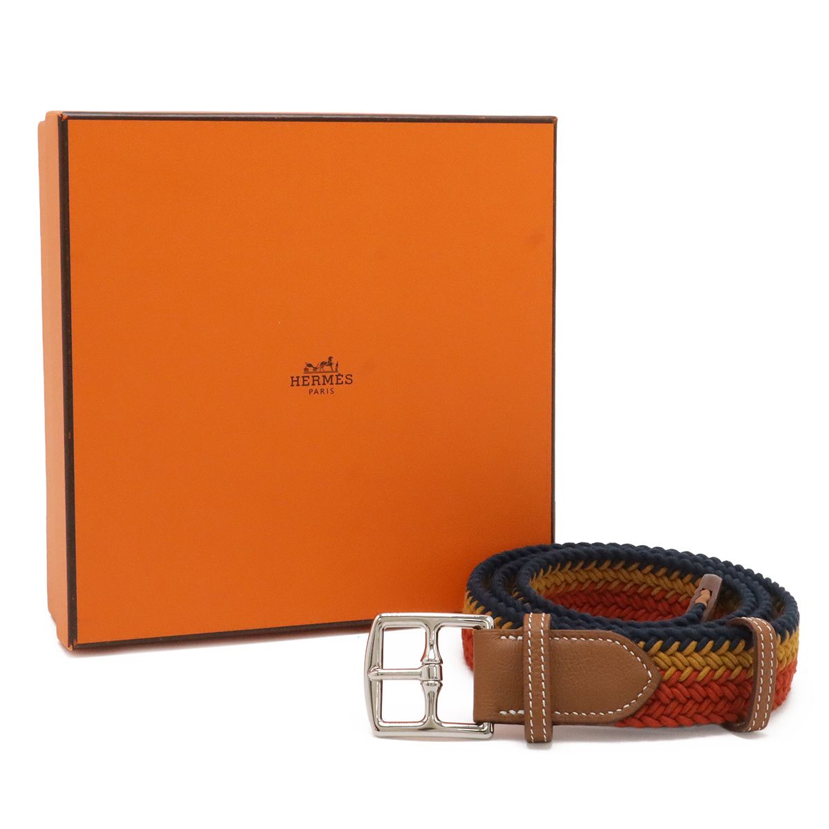 Hermes Cover le Etriviere Belt Braided Wax Cotton Leather Orange Yellow Navy — view 6