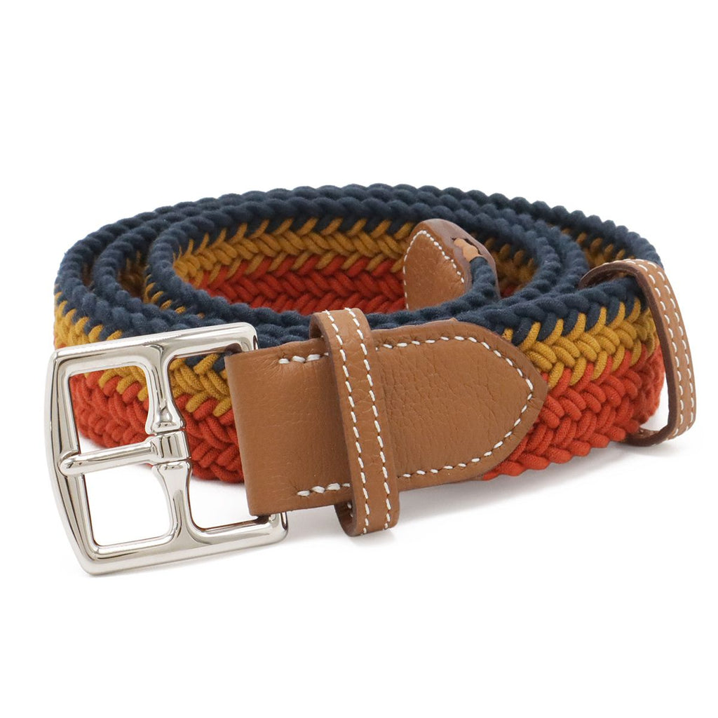 Hermes Cover le Etriviere Belt Braided Wax Cotton Leather Orange Yellow Navy