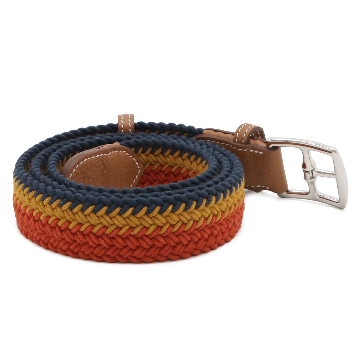 Hermes Cover le Etriviere Belt Braided Wax Cotton Leather Orange Yellow Navy — view 2