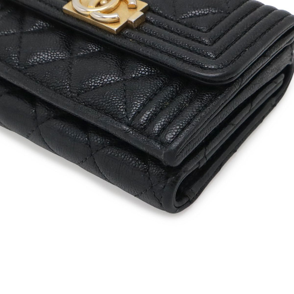Chanel Boy Quilted CC Logo Small Flap Wallet Trifold Caviar Leather Black Gold — view 3