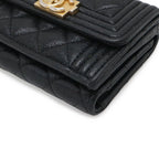 Chanel Boy Quilted CC Logo Small Flap Wallet Trifold Caviar Leather Black Gold — view 3