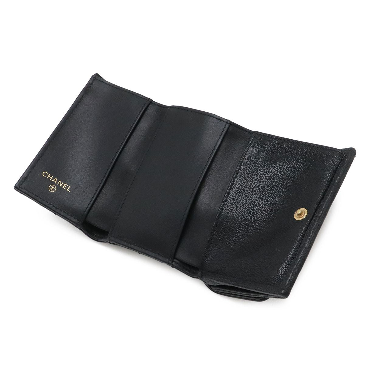 Chanel Boy Quilted CC Logo Small Flap Wallet Trifold Caviar Leather Black Gold — view 5