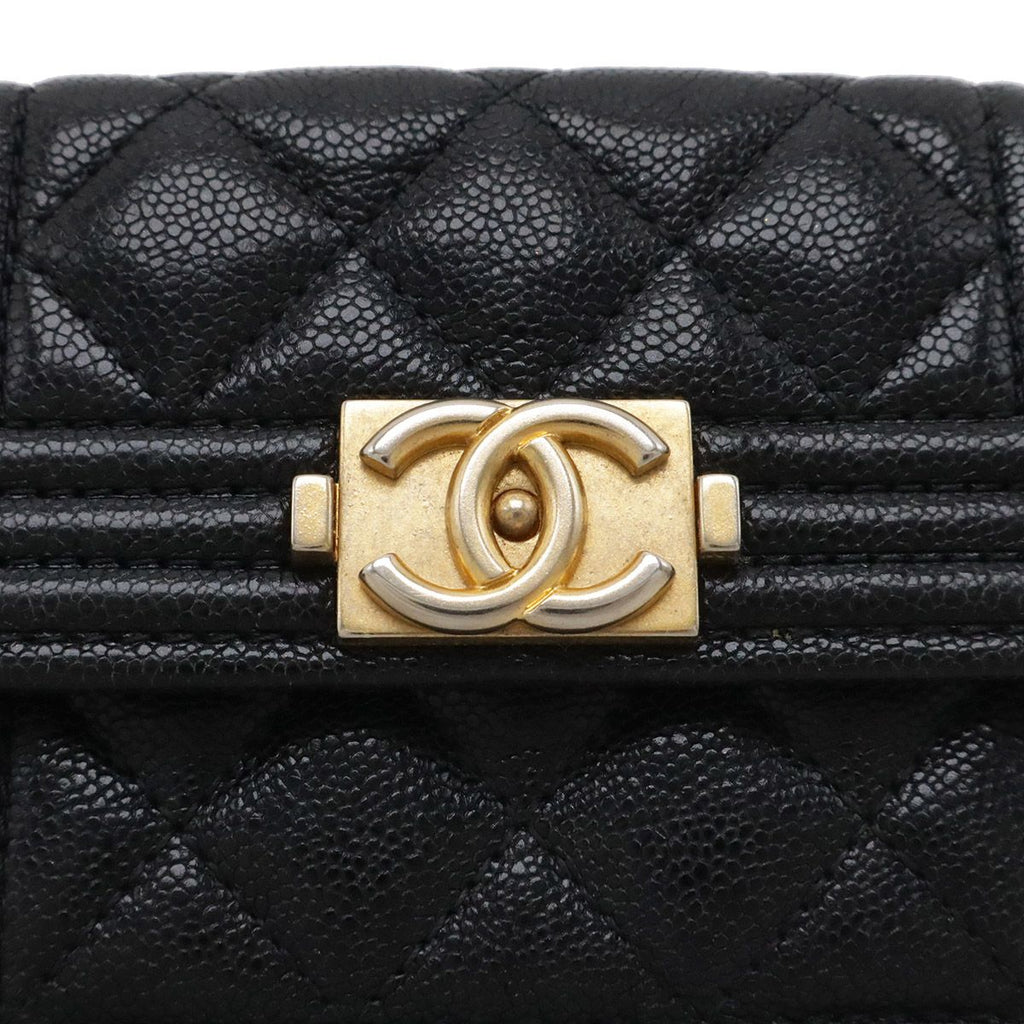 Chanel Boy Quilted CC Logo Small Flap Wallet Trifold Caviar Leather Black Gold — view 4