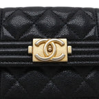 Chanel Boy Quilted CC Logo Small Flap Wallet Trifold Caviar Leather Black Gold — view 4