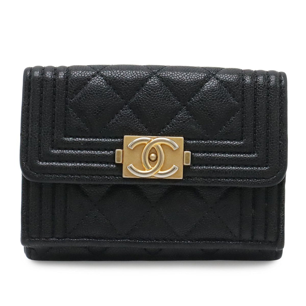 Chanel Boy Quilted CC Logo Small Flap Wallet Trifold Caviar Leather Black Gold