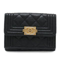 Chanel Boy Quilted CC Logo Small Flap Wallet Trifold Caviar Leather Black Gold