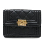 Chanel Boy Quilted CC Logo Small Flap Wallet Trifold Caviar Leather Black Gold