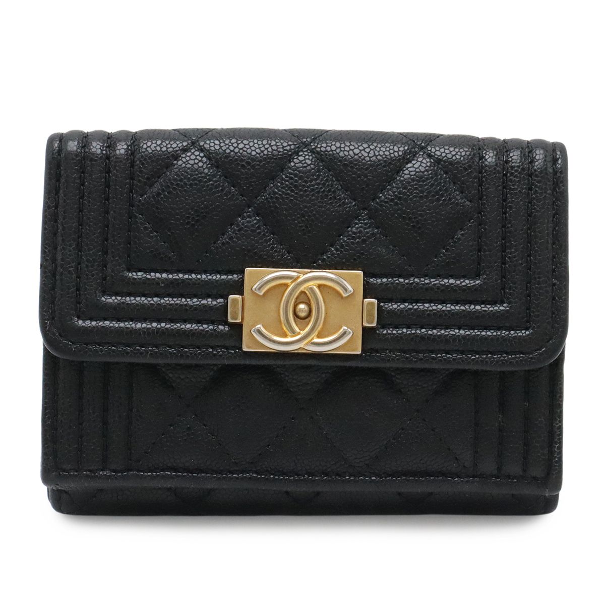 Chanel Boy Quilted CC Logo Small Flap Wallet Trifold Caviar Leather Black Gold