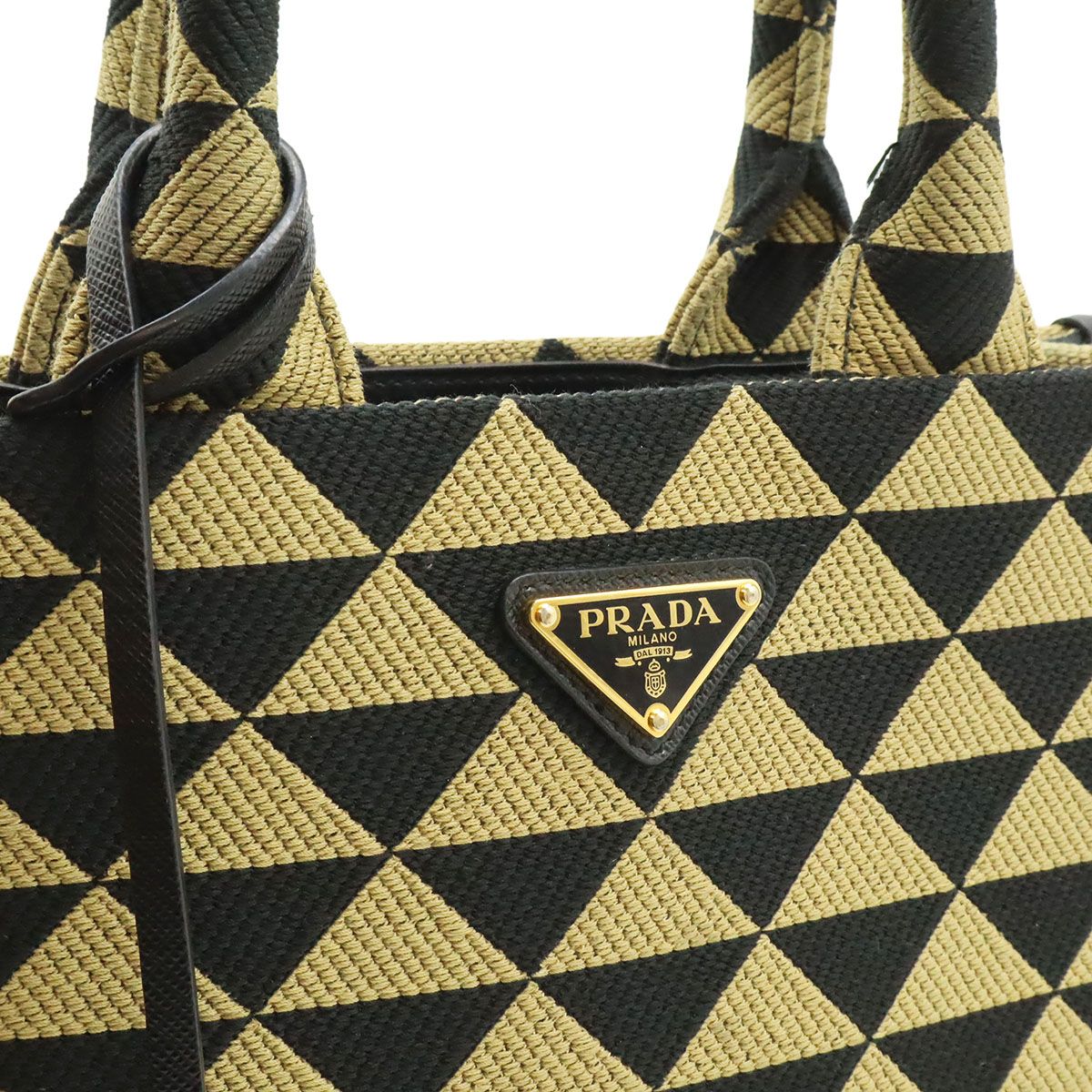 Prada Symbol Embroidery Fabric Small Tote Jacquard Black Beige Gold — view 8