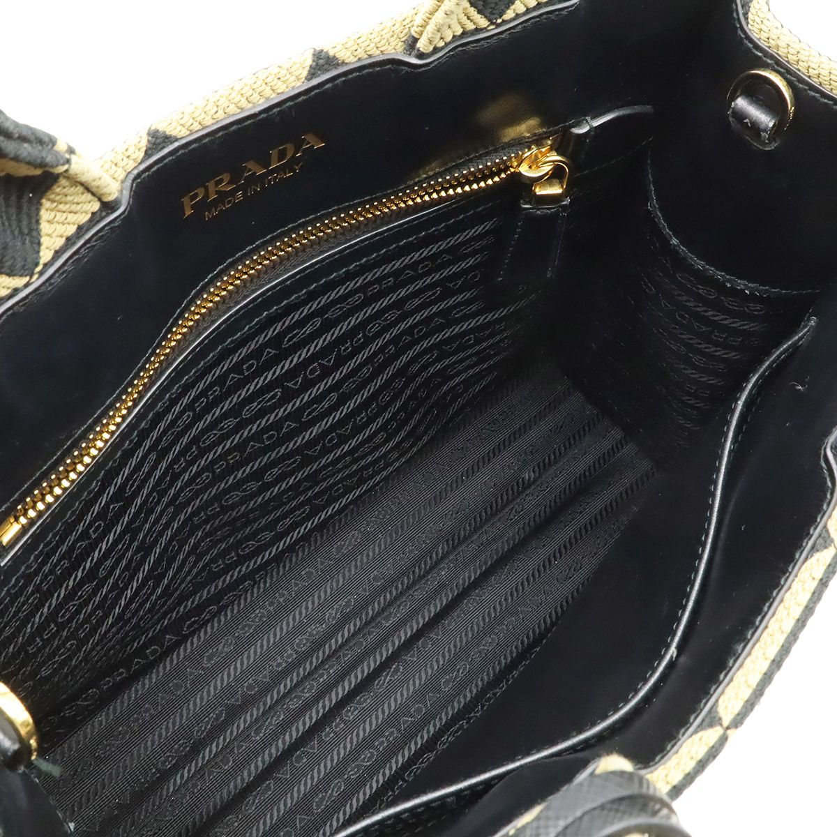 Prada Symbol Embroidery Fabric Small Tote Jacquard Black Beige Gold — view 7