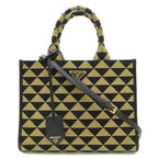 Prada Symbol Embroidery Fabric Small Tote Jacquard Black Beige Gold