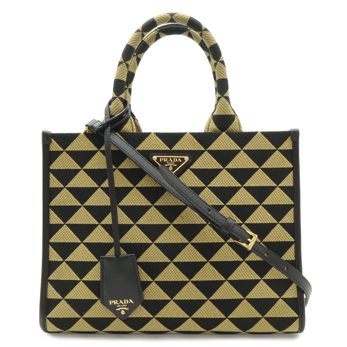 Prada Symbol Embroidery Fabric Small Tote Jacquard Black Beige Gold