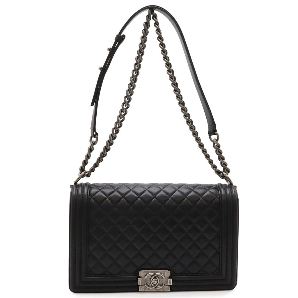 Chanel Boy Quilted CC Logo Chain Shoulder Bag Lambskin Leather Black