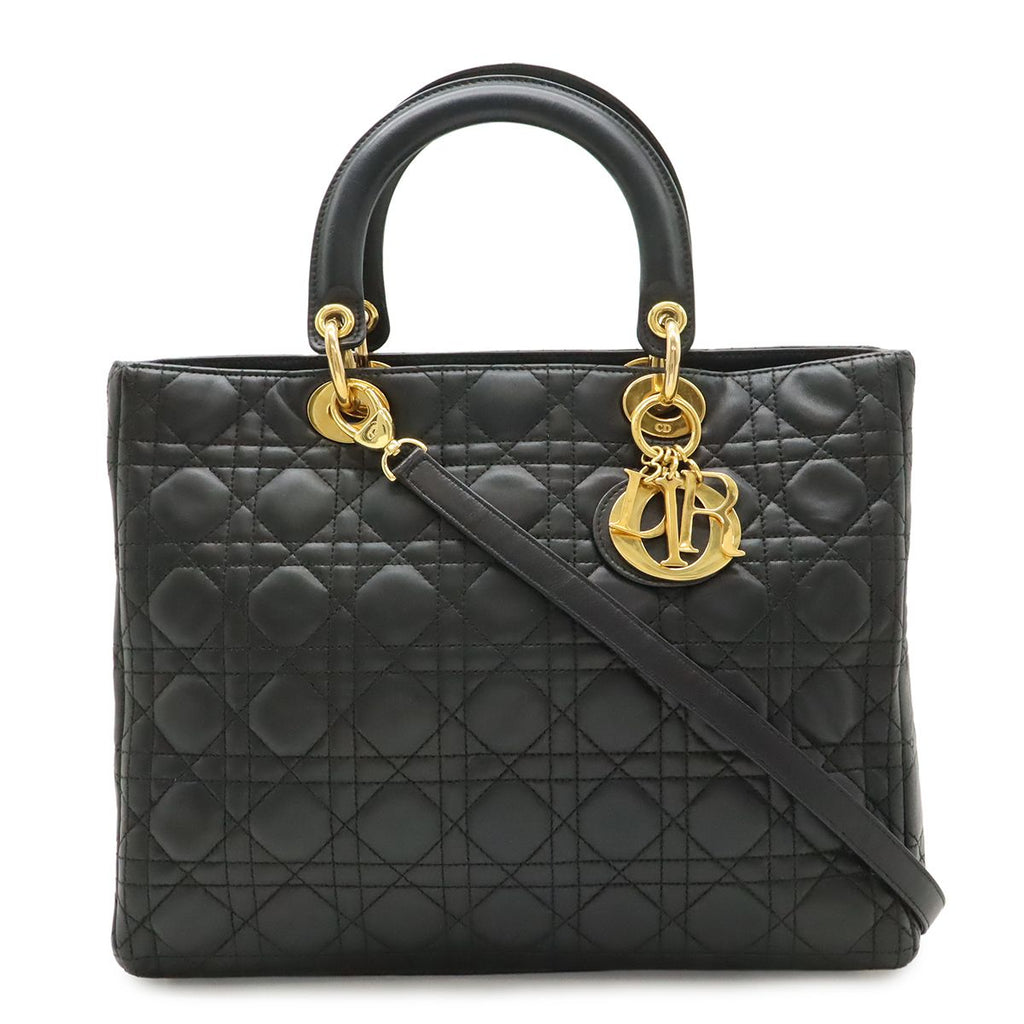 Dior Lady Large Cannage 2-Way Shoulder Bag Leather Black Gold