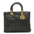 Dior Lady Large Cannage 2-Way Shoulder Bag Leather Black Gold