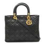 Dior Lady Large Cannage 2-Way Shoulder Bag Leather Black Gold